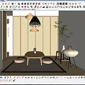 Japanese Tea Room Interior With Rattan Pendant Light Wooden Table And Floor Cushions
