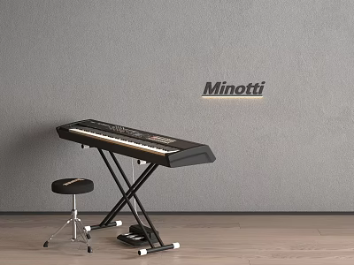 Minotti Musical Instrument Keyboard With Black Stool Gray Wall Wooden Floor 3d model