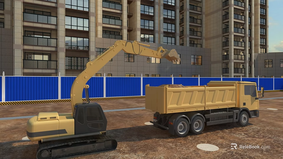 Heavy Duty Construction Vehicles Excavator And Dump Truck At Building Site With Blue Barriers 3d model 