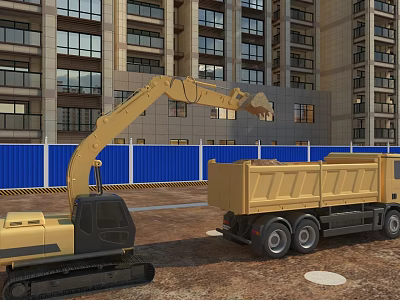 Heavy Duty Construction Vehicles Excavator And Dump Truck At Building Site With Blue Barriers 3d model