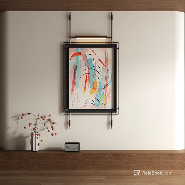 Vibrant Abstract Painting With Colorful Lines And Shapes In Black Frame Hanging On White Wall 3d model 