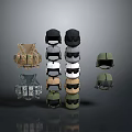Military Weapon Gear Display Featuring Multiple Helmets And Bulletproof Vests 3d model