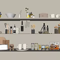 Organized Modern Kitchen Shelves Displaying Various Kitchenware Bowls Jars And Mugs