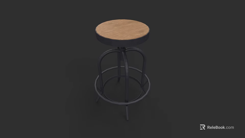 Modern Round Bar Stool With Wooden Seat And Black Metal Frame 3d model 