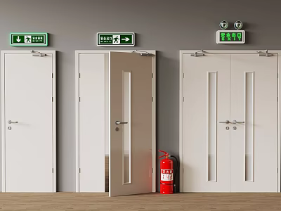 Three White Exit Doors With Green Signs Open Middle Door And Red Fire Extinguisher 3d model