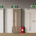 Three White Exit Doors With Green Signs Open Middle Door And Red Fire Extinguisher