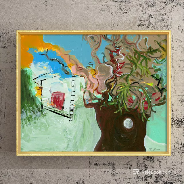 Colorful Abstract Painting With Tree Small House And Blue Sky In Golden Frame 3d model 
