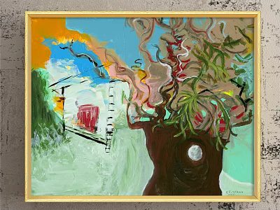 Colorful Abstract Painting With Tree Small House And Blue Sky In Golden Frame 3d model