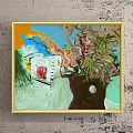 Colorful Abstract Painting With Tree Small House And Blue Sky In Golden Frame