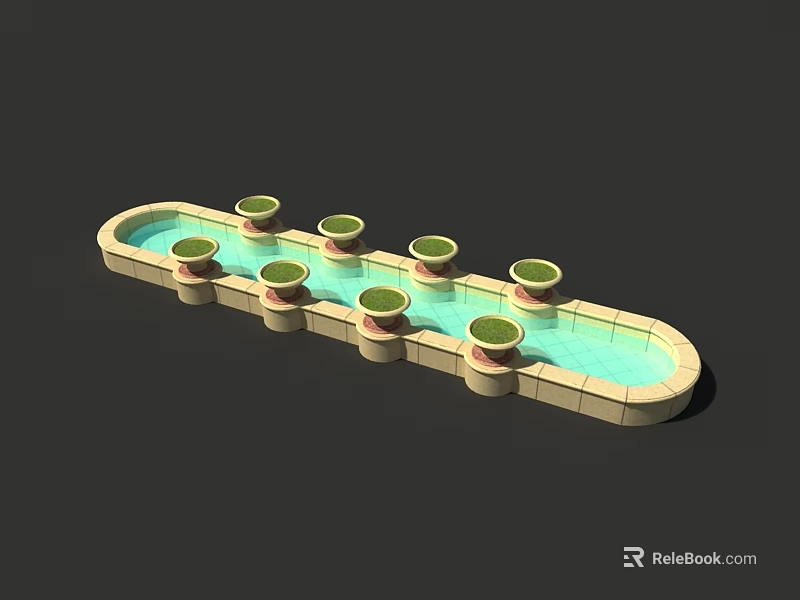 Decorative Garden Ornament With Rectangular Water Basin And Multiple Planters Holding Green Plants 3d model