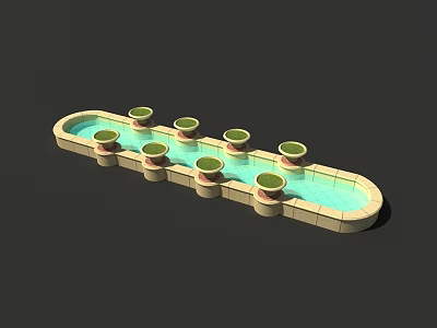 Decorative Garden Ornament With Rectangular Water Basin And Multiple Planters Holding Green Plants 3d model