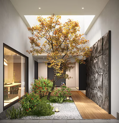 Modern Courtyard Garden Landscape with Yellow Leaved Tree Green Plants Stone Wall and Wooden Pathway 3d model