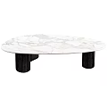 Modern Coffee Table Set With Marble And Dark Wood Tops And Black Cylindrical Legs
