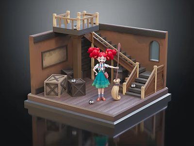 Cartoon Scene With Girl Red Curly Hair Green Skirt Small Puppy Wooden Crates And Staircase 3d model