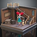 Cartoon Scene With Girl Red Curly Hair Green Skirt Small Puppy Wooden Crates And Staircase
