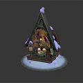 Cartoon Winter Scene Featuring Snowy Triangular Roof Cabin With Decorations And Glowing Icy Base