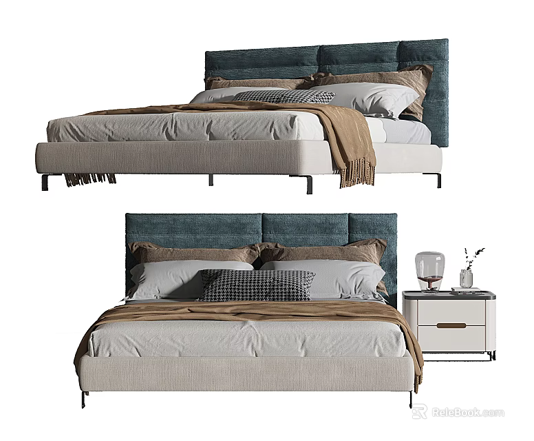 Modern Double Bed With Blue Headboard Gray Bedding Pillows And Nightstand 3d model