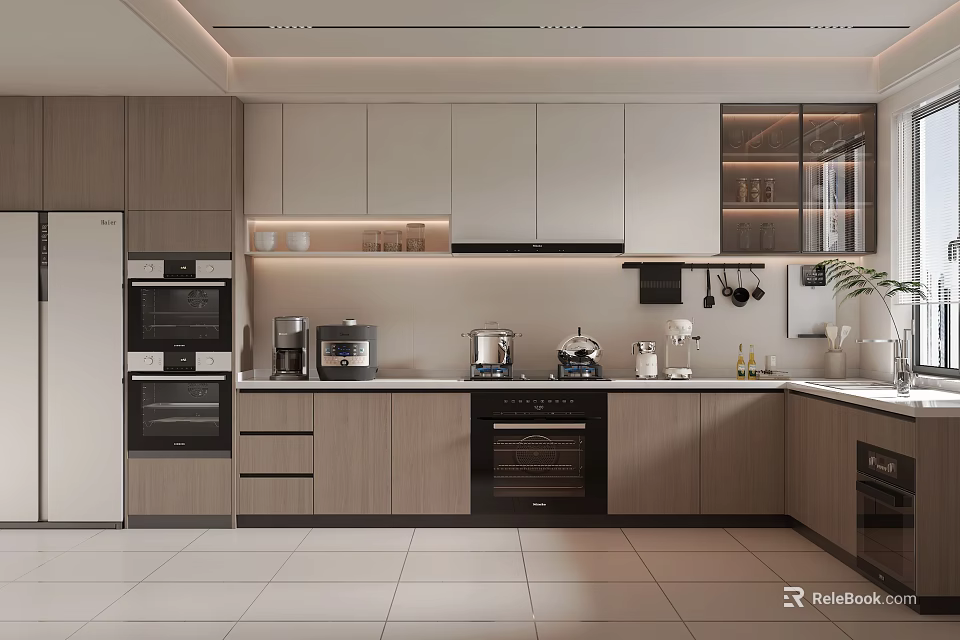 Modern Kitchen Interior Design With Light Wood Cabinets Built-in Oven Coffee Maker And Countertop 3d model 
