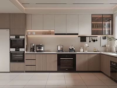 Modern Kitchen Interior Design With Light Wood Cabinets Built-in Oven Coffee Maker And Countertop 3d model
