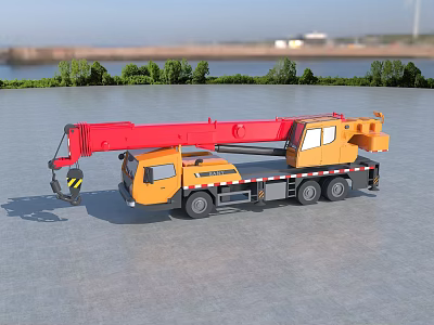 Red and Yellow Crane Truck on Gray Ground by Waterfront with Trees and Distant Buildings 3d model