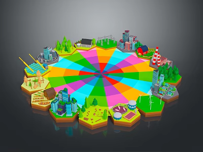 Scenic Landscape With Colorful Circular Layout Green Trees City Buildings Factory Chimney And Windmill 3d model