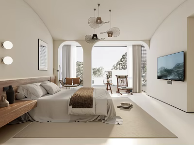 Modern Bedroom Interior With Arched Windows Bed TV Chandeliers And Area Rug 3d model