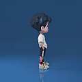 Man with black hair wearing white WE t-shirt black shorts white sneakers in blue background