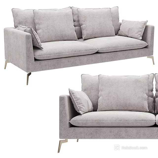 Gray Modern Two-Seater Sofa with Soft Cushions and Metal Legs Design 3d model 
