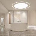 Modern White Curved Reception Desk Interior With Marble Floor And Circular Ceiling Light 3d model