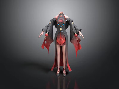 3D Character Costume Design With Black Red Robe Red Flowing Ribbons And Gem Accents 3d model