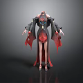 3D Character Costume Design With Black Red Robe Red Flowing Ribbons And Gem Accents