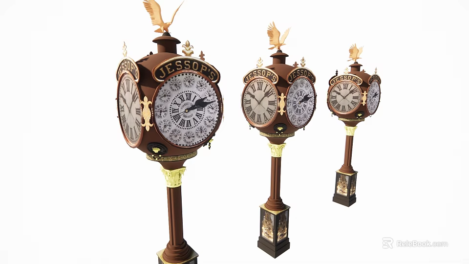 Vintage Professor Clocks With Eagle Statues Gold Accents And Brown Pillars Featuring Ornate Dials 3d model 
