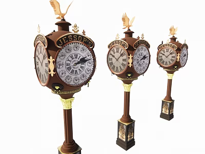 Vintage Professor Clocks With Eagle Statues Gold Accents And Brown Pillars Featuring Ornate Dials 3d model