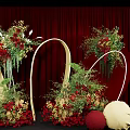 Elegant Banquet Hall With Red Curtain Background And Floral Arch Decorative Spheres