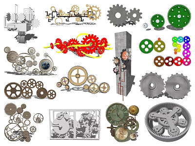 Various Mechanical Gears and Hardware Tools Components in Different Sizes and Colors 3d model