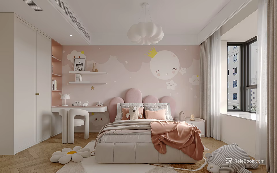 Cute Kids Room Interior With Pink Cloud Moon Wall Art Pink Headboard And Cloud Chandelier 3d model 