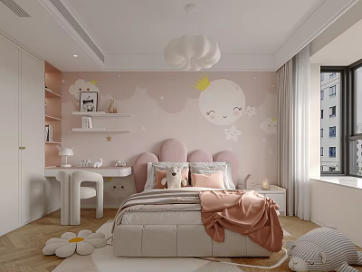 Cute Kids Room Interior With Pink Cloud Moon Wall Art Pink Headboard And Cloud Chandelier 3d model