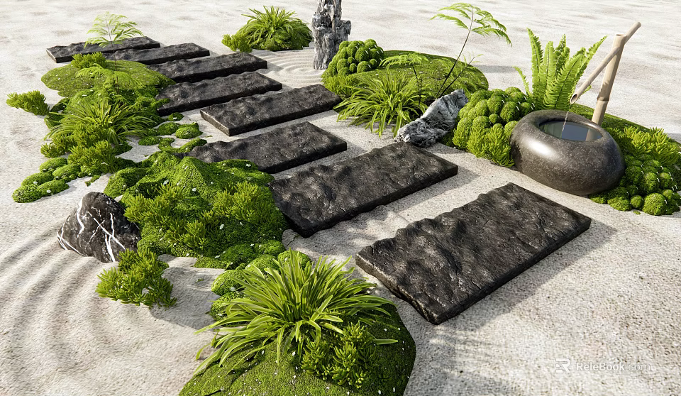 Serene Garden Stepping Stones With Black Stone Slabs Green Plants Gravel And Rocks 3d model 