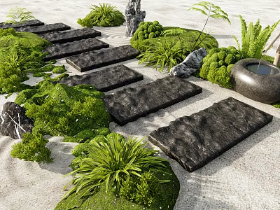 Serene Garden Stepping Stones With Black Stone Slabs Green Plants Gravel And Rocks 3d model
