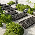 Serene Garden Stepping Stones With Black Stone Slabs Green Plants Gravel And Rocks