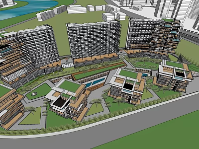 Modern Commercial Complex With High Rise Buildings Green Roofs And Open Courtyards 3d model
