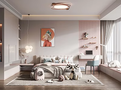 Kids Room Interior Design With Bed Pillows Toys Decorative Painting Shelves Desk And Chair 3d model