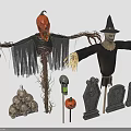 Halloween Scarecrows With Pumpkin Head Witch Hat Skulls And Tombstones Decor