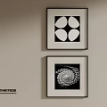 Two Round Frame Paintings with Black Frames White Ellipses and Spiral Pattern on Light Wall 3d model