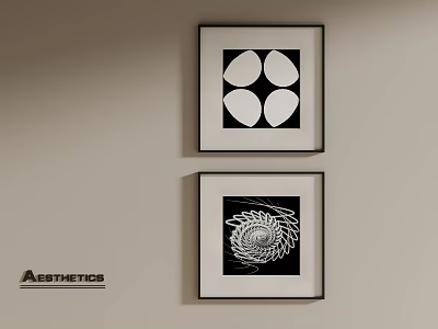 Two Round Frame Paintings with Black Frames White Ellipses and Spiral Pattern on Light Wall 3d model