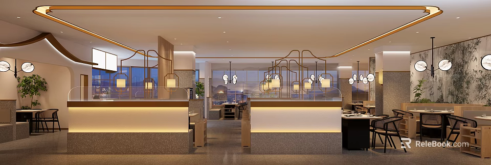 Modern Hotpot Restaurant Interior With Stylish Hanging Lamps And Wooden Booths 3d model 