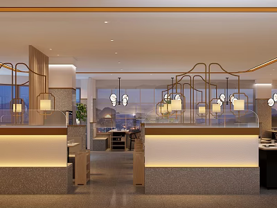 Modern Hotpot Restaurant Interior With Stylish Hanging Lamps And Wooden Booths 3d model