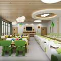 Bright Kindergarten Interior With Green Chairs Colorful Tables Small Beds Sun And Tree Decorations