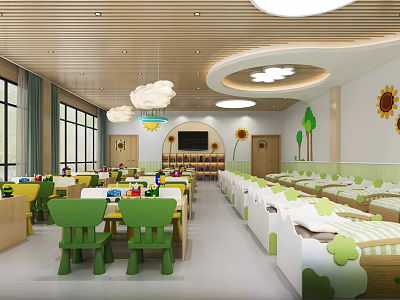 Bright Kindergarten Interior With Green Chairs Colorful Tables Small Beds Sun And Tree Decorations 3d model