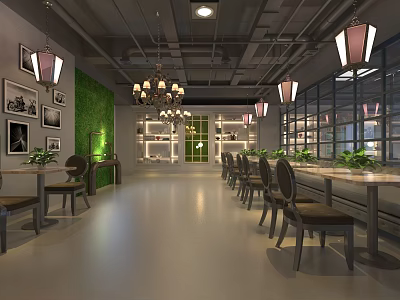 Modern Café Interior Design With Chandeliers Green Living Wall Large Windows And Wooden Tables 3d model
